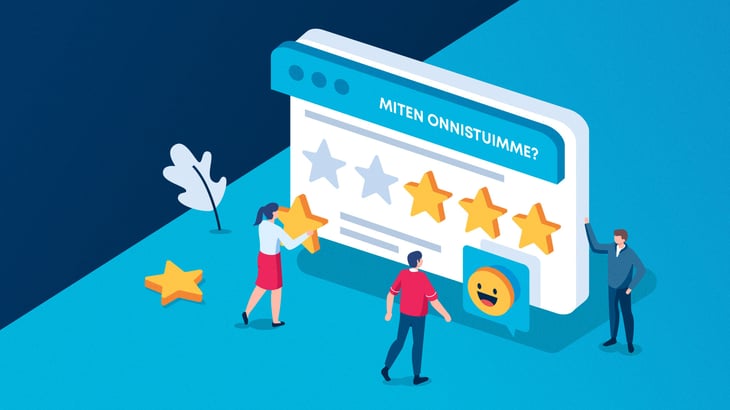 Miten onnistuimme -asiakaskyselyssä kolme tähteä. Nainen on kiinnittämässä neljättä tähteä, viides tähti on maassa. Mies seuraa tilannetta vieressä.