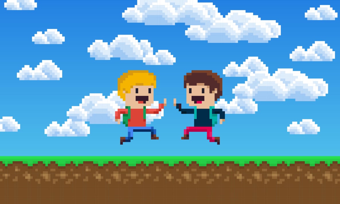 Two people jumping in front. There is white clouds and blue sky behind them.