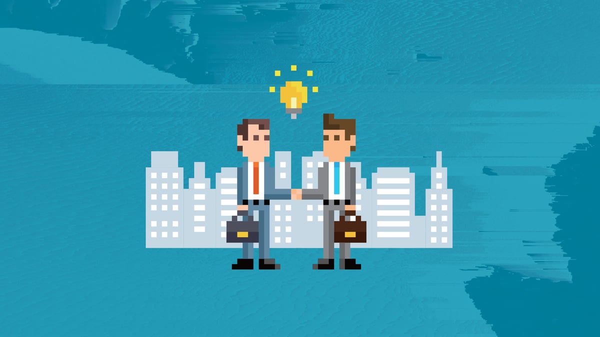2 men are shaking hands for good deal. Behind is the silhouette of the city.