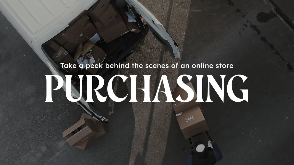 the tailgate of the van is open and a person is loading boxes. Take a peek behind the scenes of online shopping - purchasing text