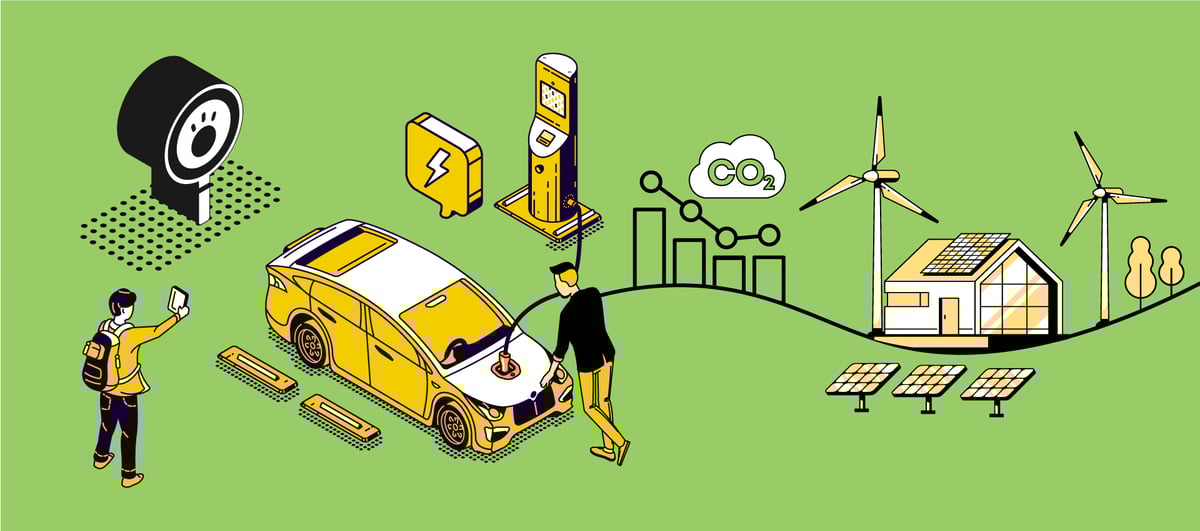 Mies lataa autoa. Ympärillä autoiluun liiittyviä elementtejä. Kaiken keskiössä on ekologisuus.