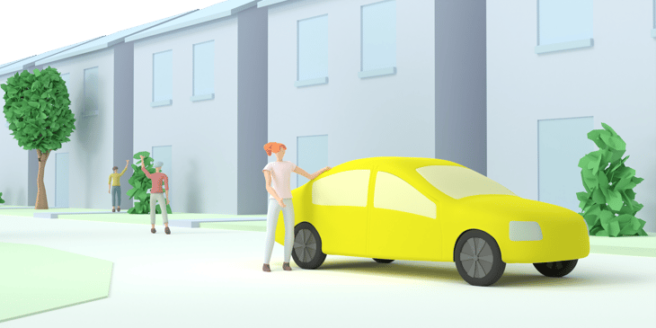 Nainen nojaa keltaiseen autoon. Taustalla taloja ja mies.