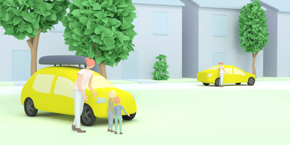 Woman ja 2 children in front of yellow car.