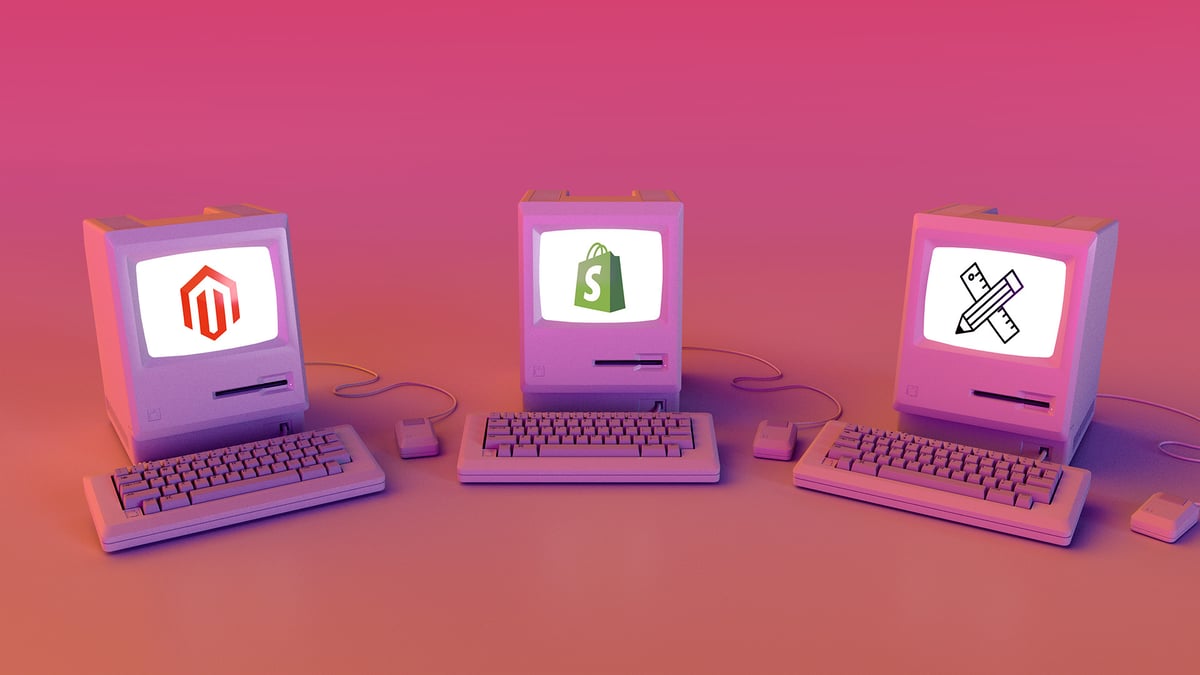 3 computers with Magento, Shopify and customised labels on screen.