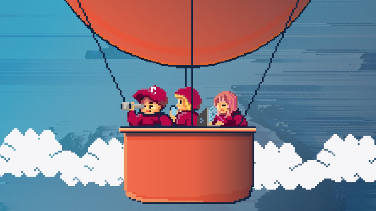 3 men fly on a hot air balloon. One stares at the sky with a telescope.