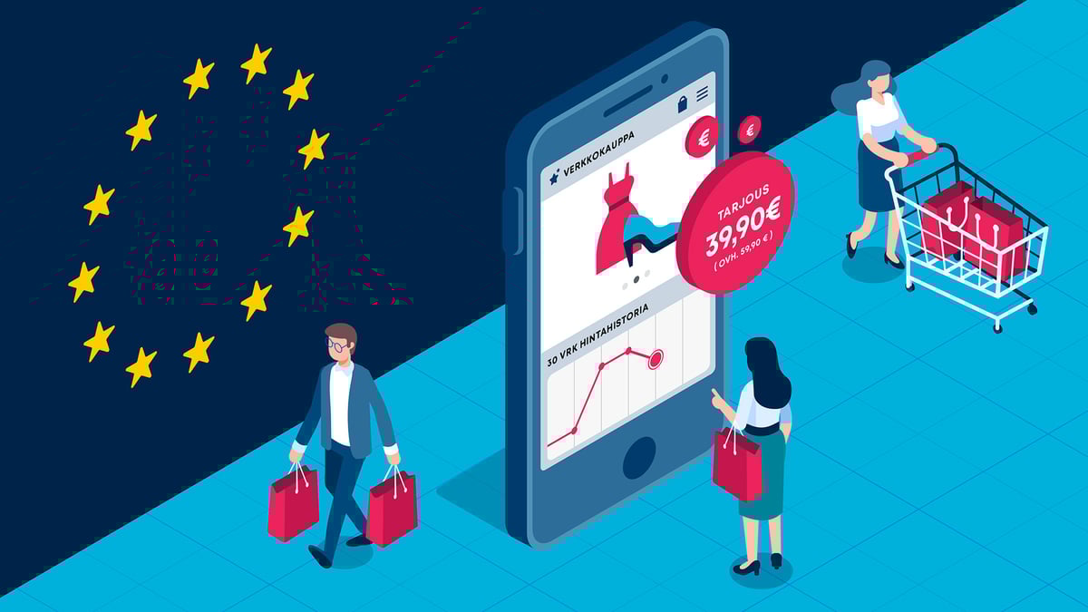 EU:n tähtikuvio taustaseinällä. Etualalla mies kävelee pois verkkokauppa-mobiililaitteen luota. Nainen on sen edessä tekemässä tilausta. Laitteella näkyy alennushinta ja 30 päivän hintatiedot. Taustalla nainen työntää ostoskärryjä.